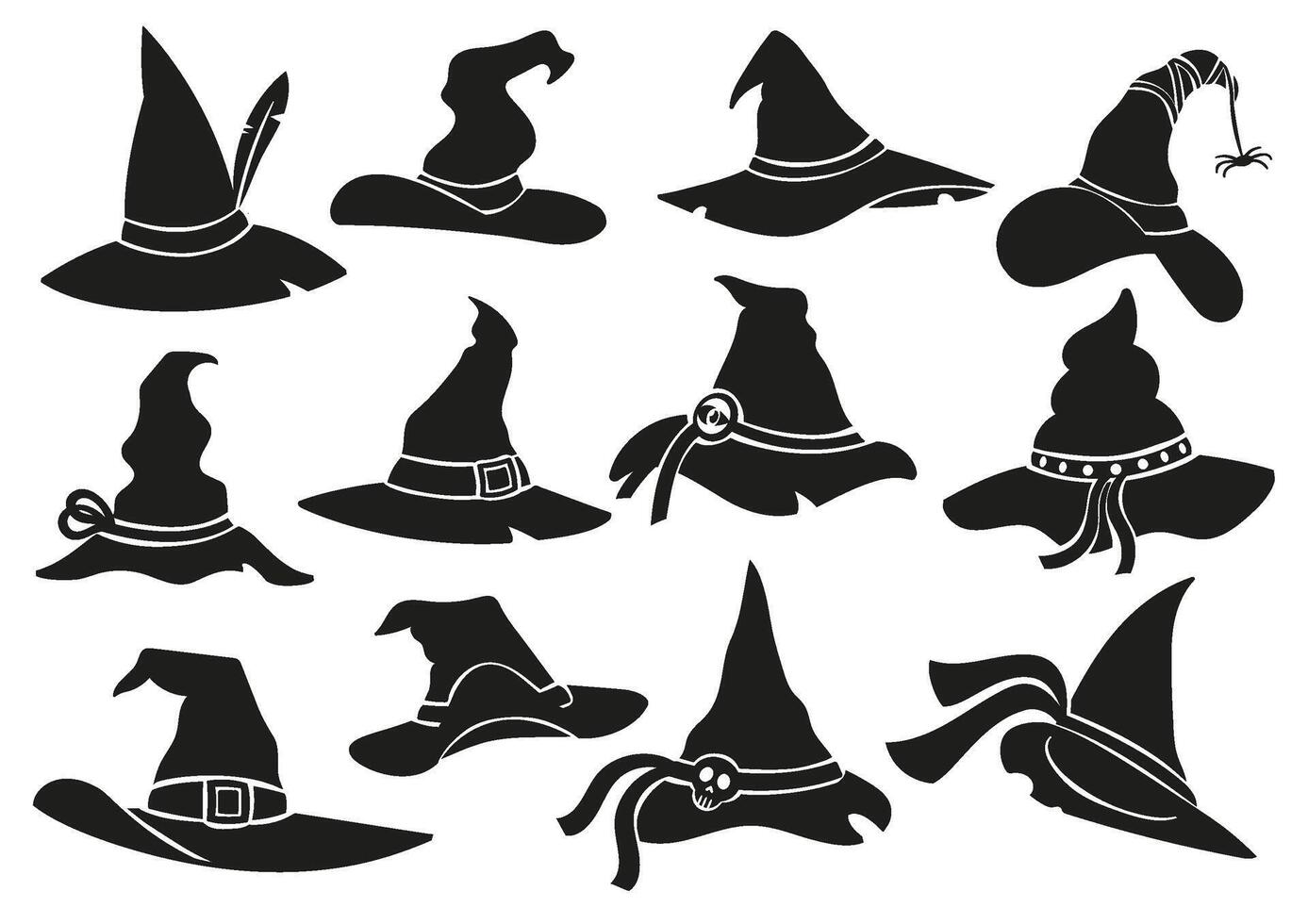 Witch hat stencil icons. Halloween sorceress cap, wizard hat silhouette and spooky scary masquerade hats set vector