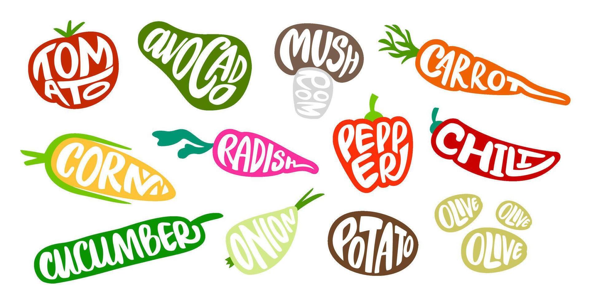 Vegetables lettering. Grocery badges with typographical vegetable name. Calligraphy tomato, pepper and carrot sign set vector