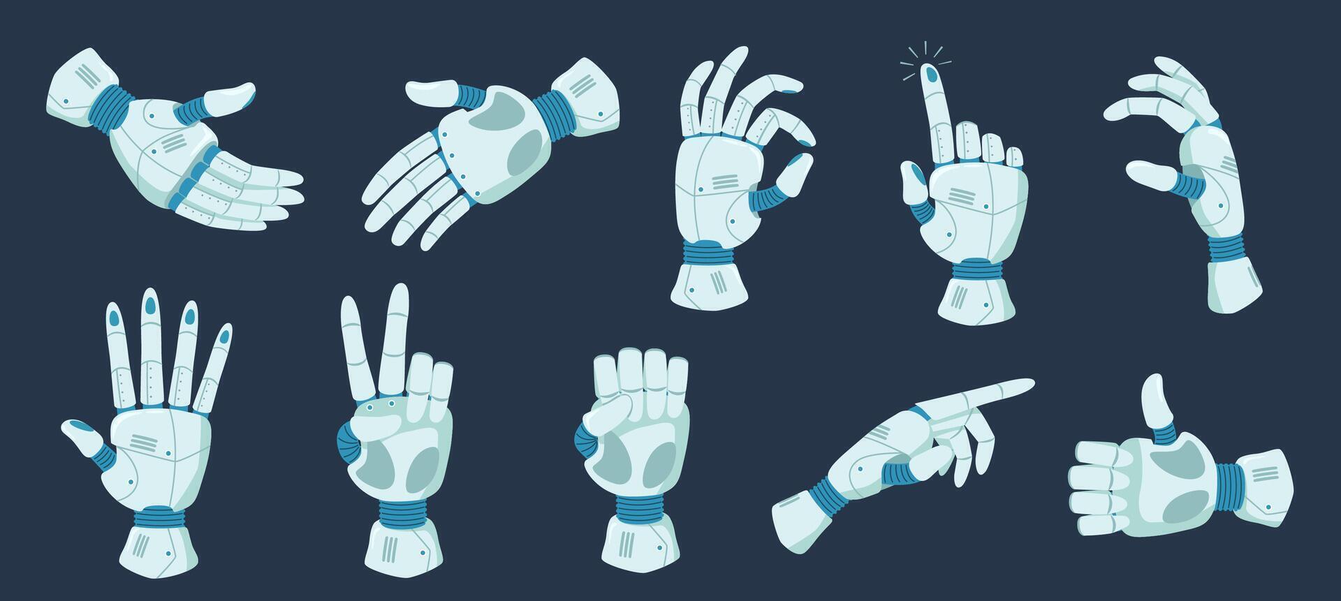 Robot hands gestures. Robotic arm gesture to point, hold and handshake. Futuristic bionic hand prosthesis cartoon Illustration set vector