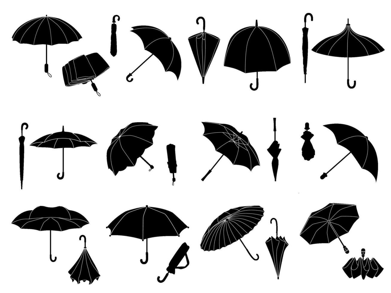 Stencil umbrellas. Folded parasol, open umbrella for rainy weather or sunshade. Different shape accessories black silhouette icon set vector