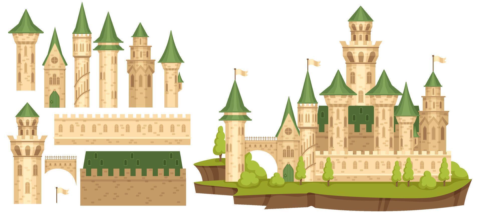 Medieval castle constructor. Old bastion, cartoon ancient tower creator and palace walls elements set vector