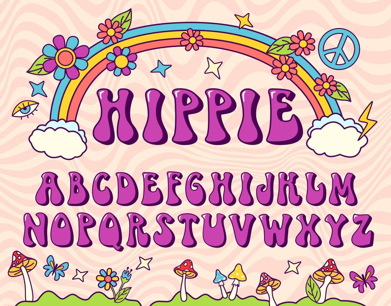 Hippie stylized font. Groovy alphabet, seventies letters for nostatgic lettering design. Retro typeface vector