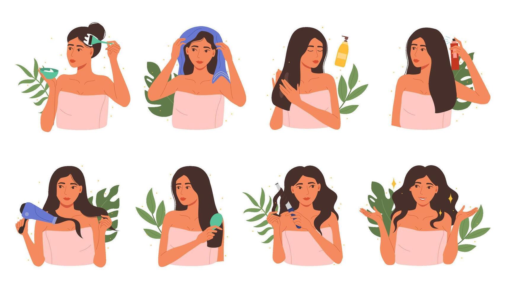 Hair care. Girl applying beauty caring products, blow dry hair and hairstyle styling Illustration set vector