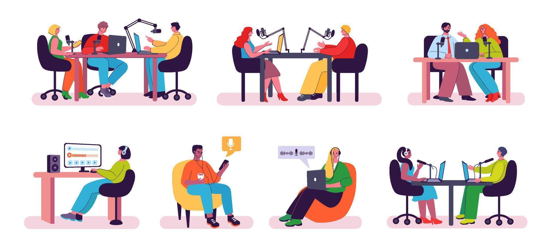 Audio podcast. People listen and record podcasts, interview dialogue with podcasting mic. Talking media illustration set vector