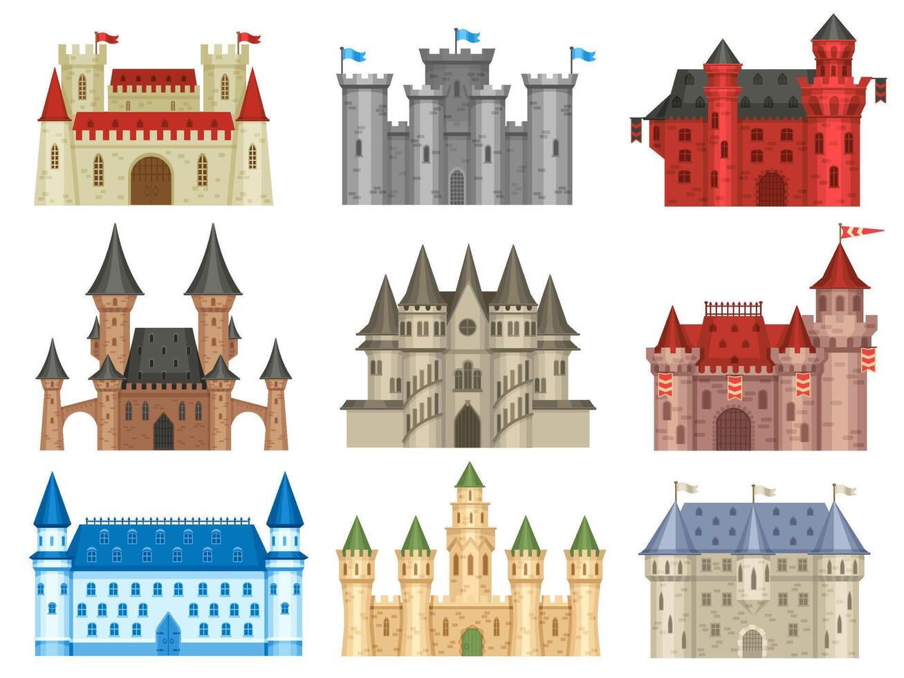 Medieval castles. Gothic palace, ancient king house and old kingdom castle tower set vector