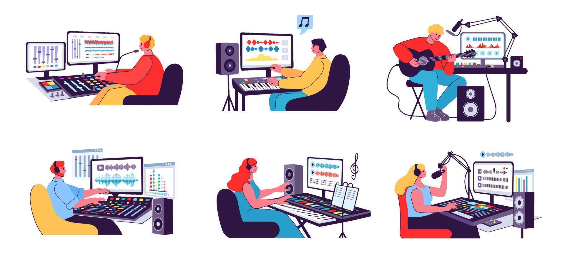 Sound studio workers. Audio engineer, musician record songs and composer write music. Podcast, instruments and vocal recording illustration set vector
