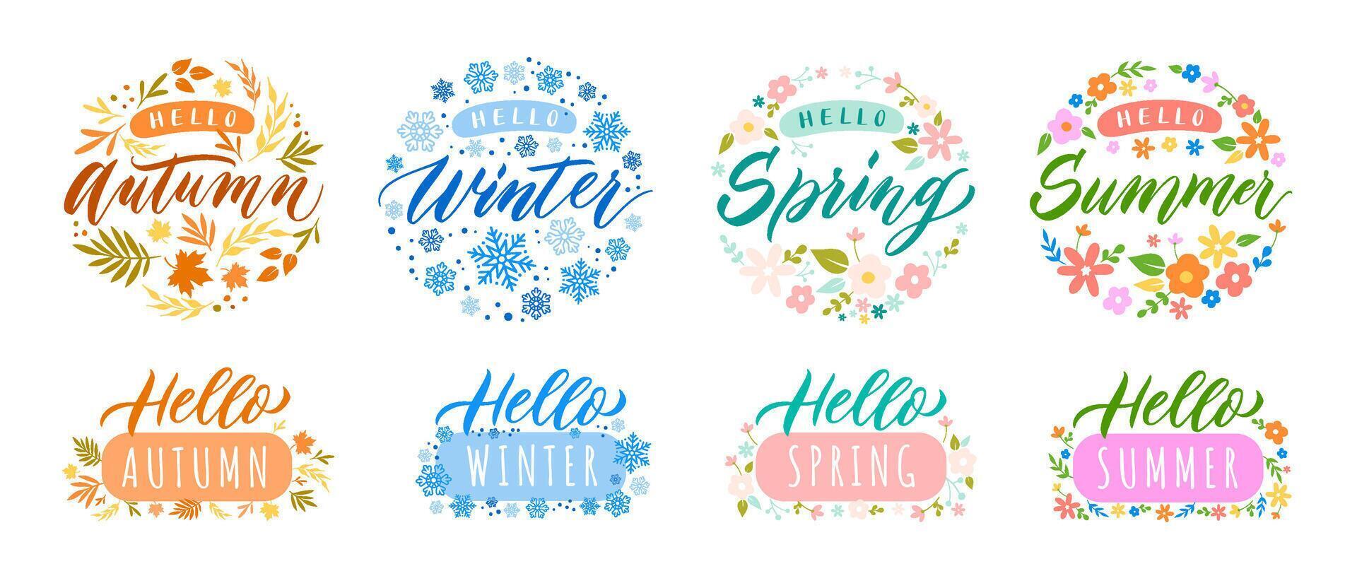 Hello season lettering badge. Autumn, Winter, Spring and Summer seasons celebrating typography badge Illustration set vector