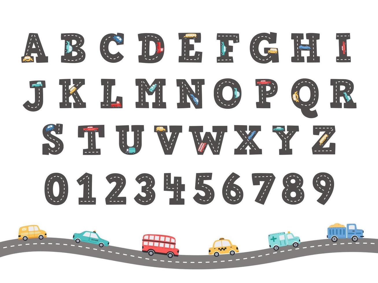 Road alphabet. Funny letters and numbers with hand-drawn trucks and cars, kids font Illustration set vector