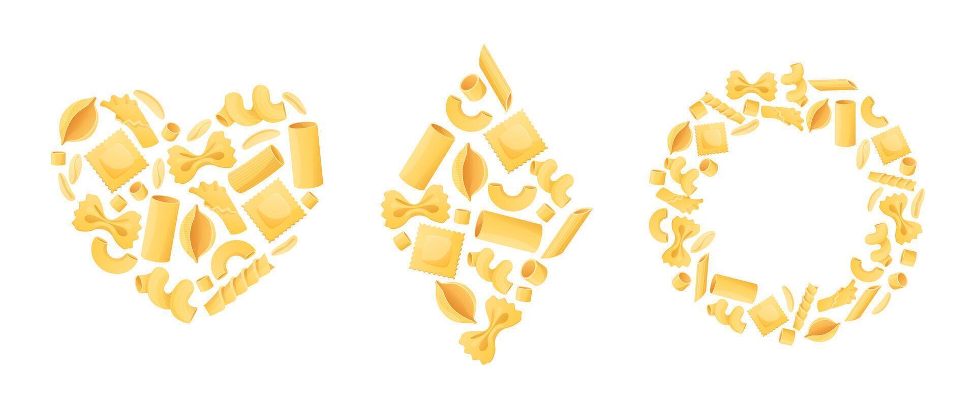 Pasta icons. Heart shape poster, diamond shape and circle frame with macaroni background set vector