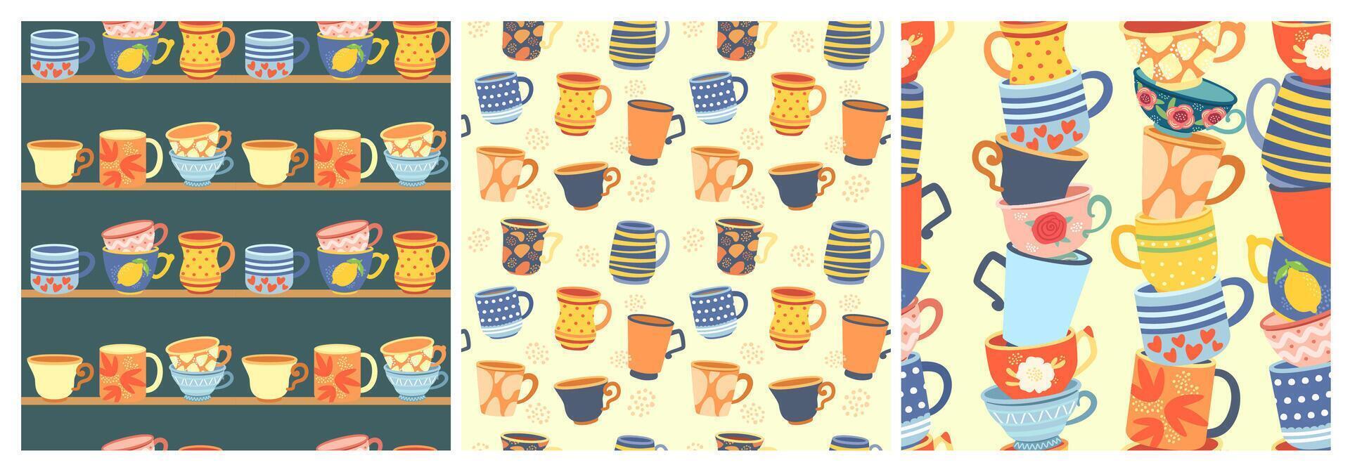 Cups seamless patterns. Coffee cup, stacked mugs and pottery teacups. Kitchen backgrounds set vector