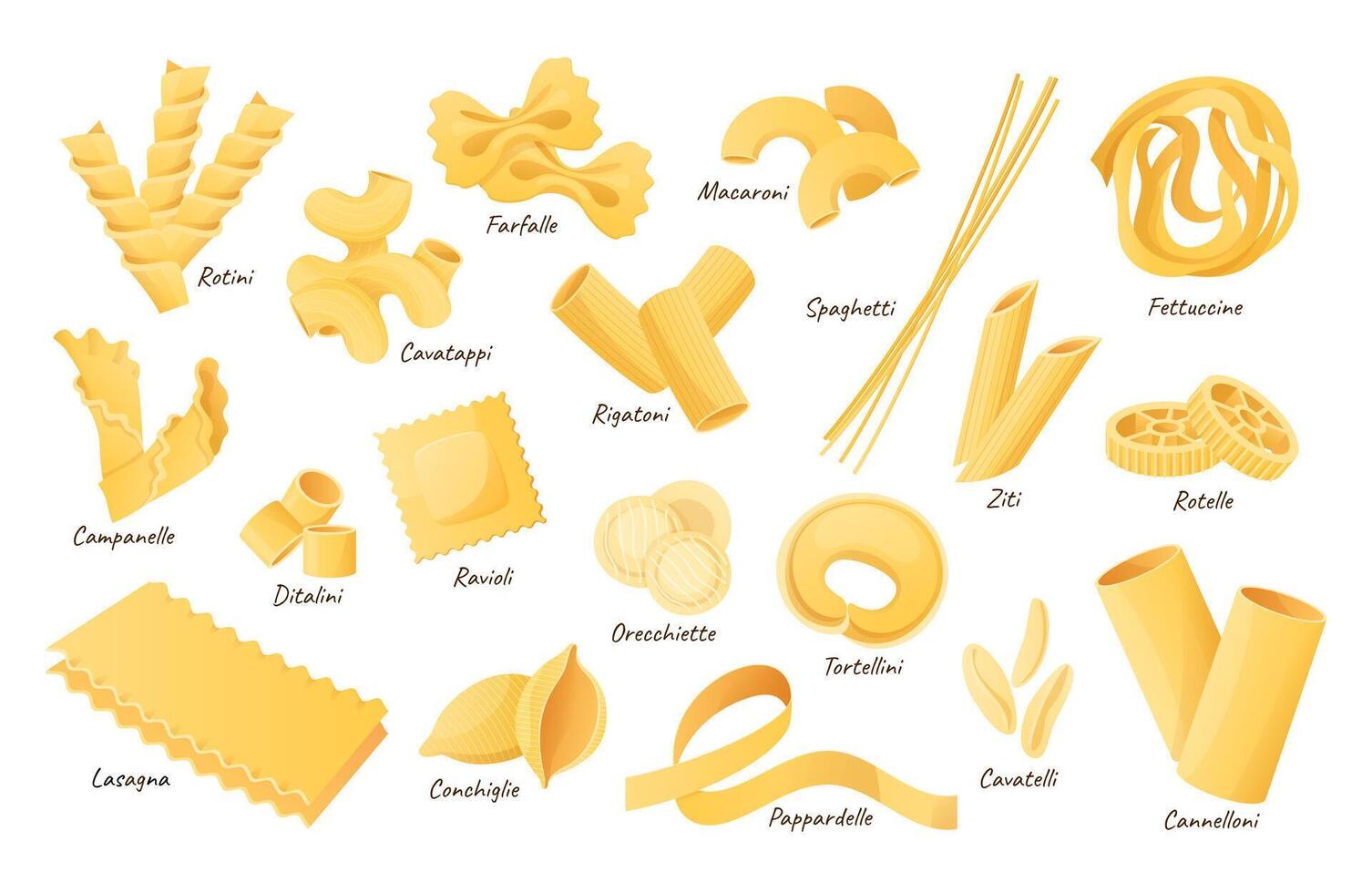 Italian pasta shapes. Fettuccine, spaghetti and lasagna. Dry cannelloni, ravioli and macaroni. Pasta ingredients cartoon illustration set vector
