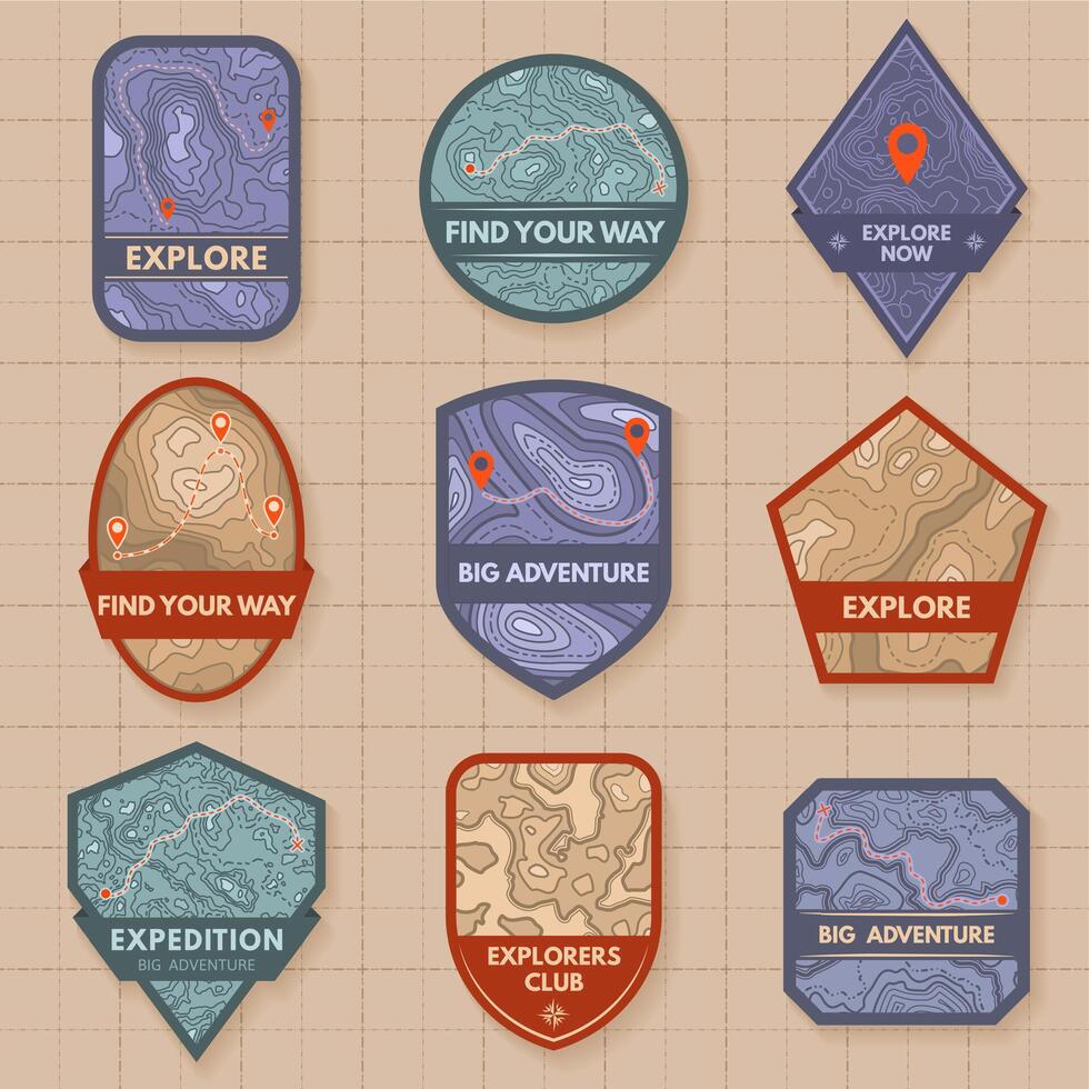 Outdoor adventure emblem. Topographic map badges, travel route planning patches and camp labels with mountain heights texture vector