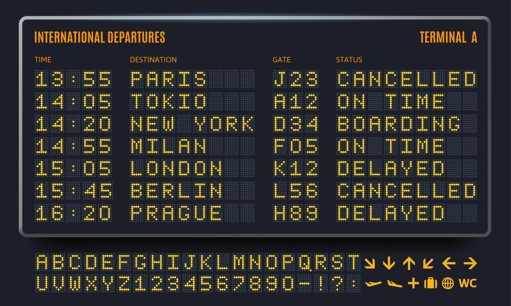 Led airport board. Departure table, information screen and airline terminal digital font set vector