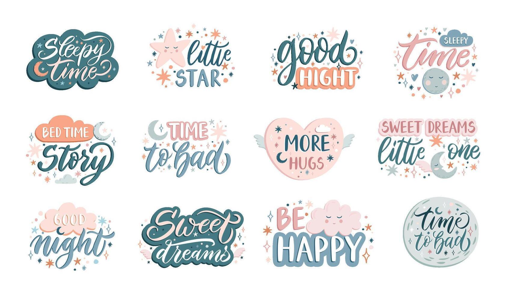 Sleeping lettering. Sleep tight moon, good night star and sweet dreams cloud. Hand drawn bedtime caligraphic typography set vector