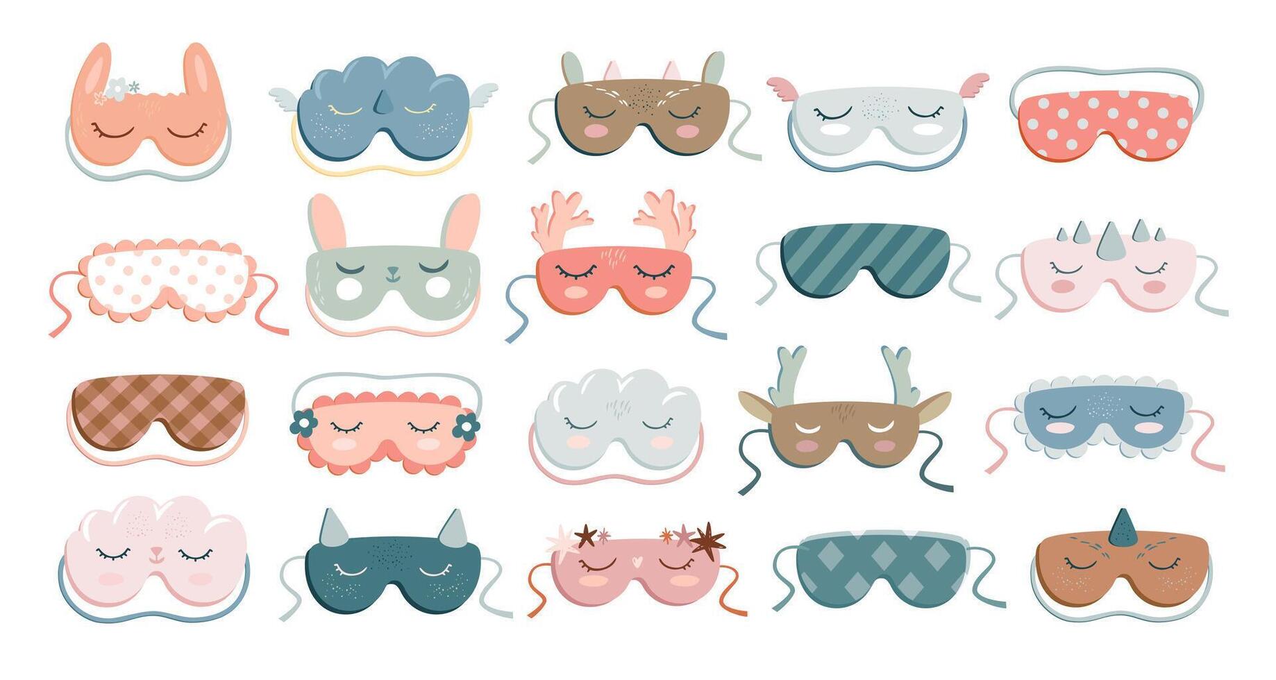 Cute sleep masks. Beauty eye cover accessories with animal faces and resting closed eyes, relax mask and blindfolds for sleeping cartoon set vector