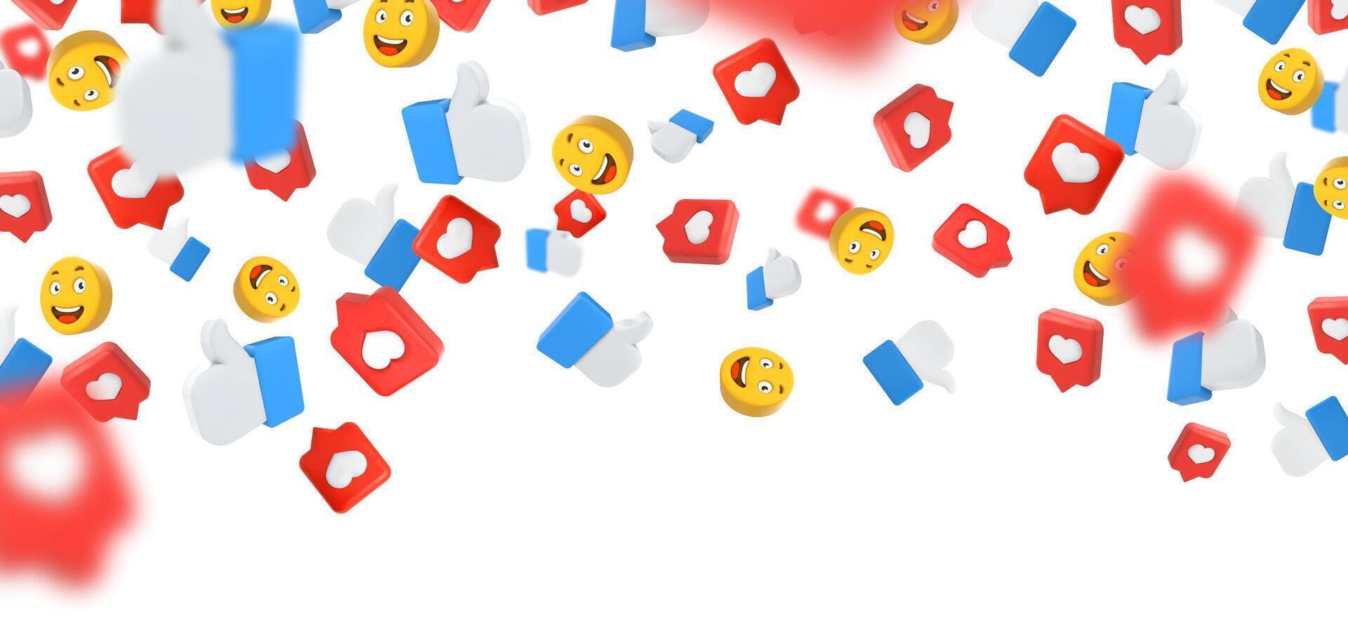 Social media 3D background. Falling smile emoji, thumbs up and heart like icons. Social network reactions backdrop illustration vector