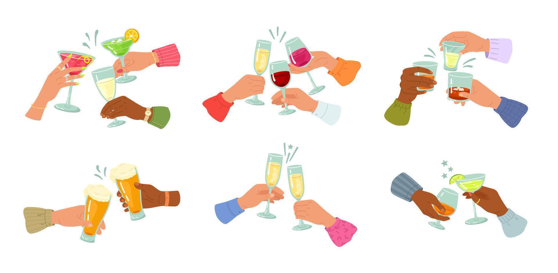 Cheers hands with alcoholic drinks. Friends drink together glass of wine, alcohol cocktails or beer. Drinking toast for party illustration set vector