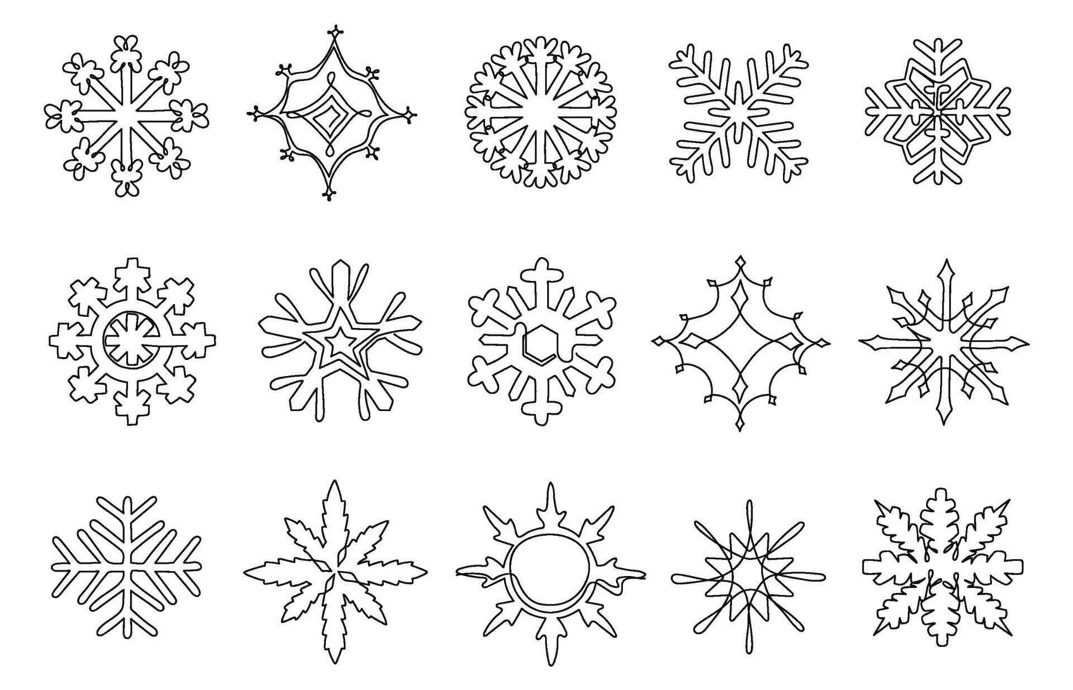 Continuous one line snowflakes. Hand drawn flake, winter holiday snow ornaments and cold ice line art symbols set vector