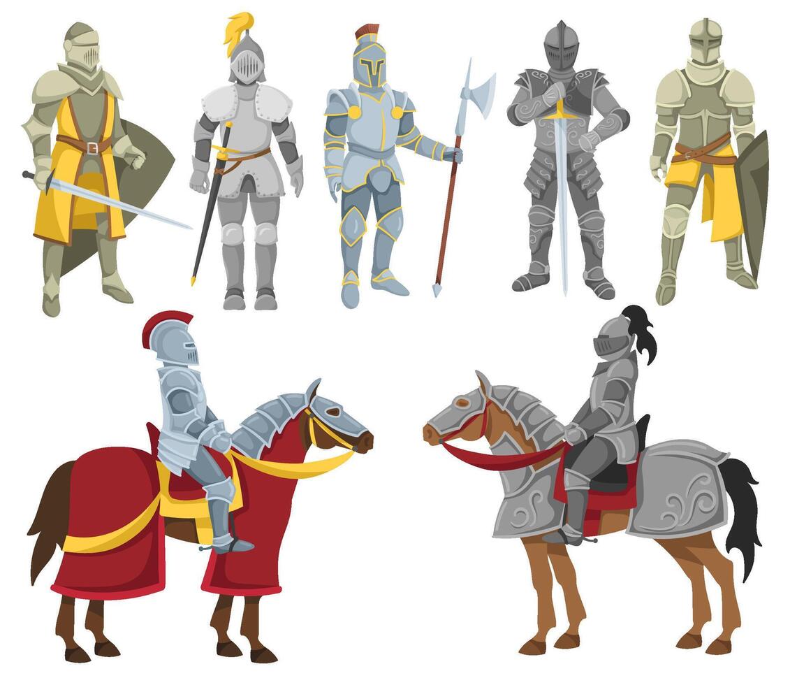 Cartoon knights. Cavalry knight in battle armor, medieval warriors holding sword, shield and halberd. Royal soldier illustration set vector