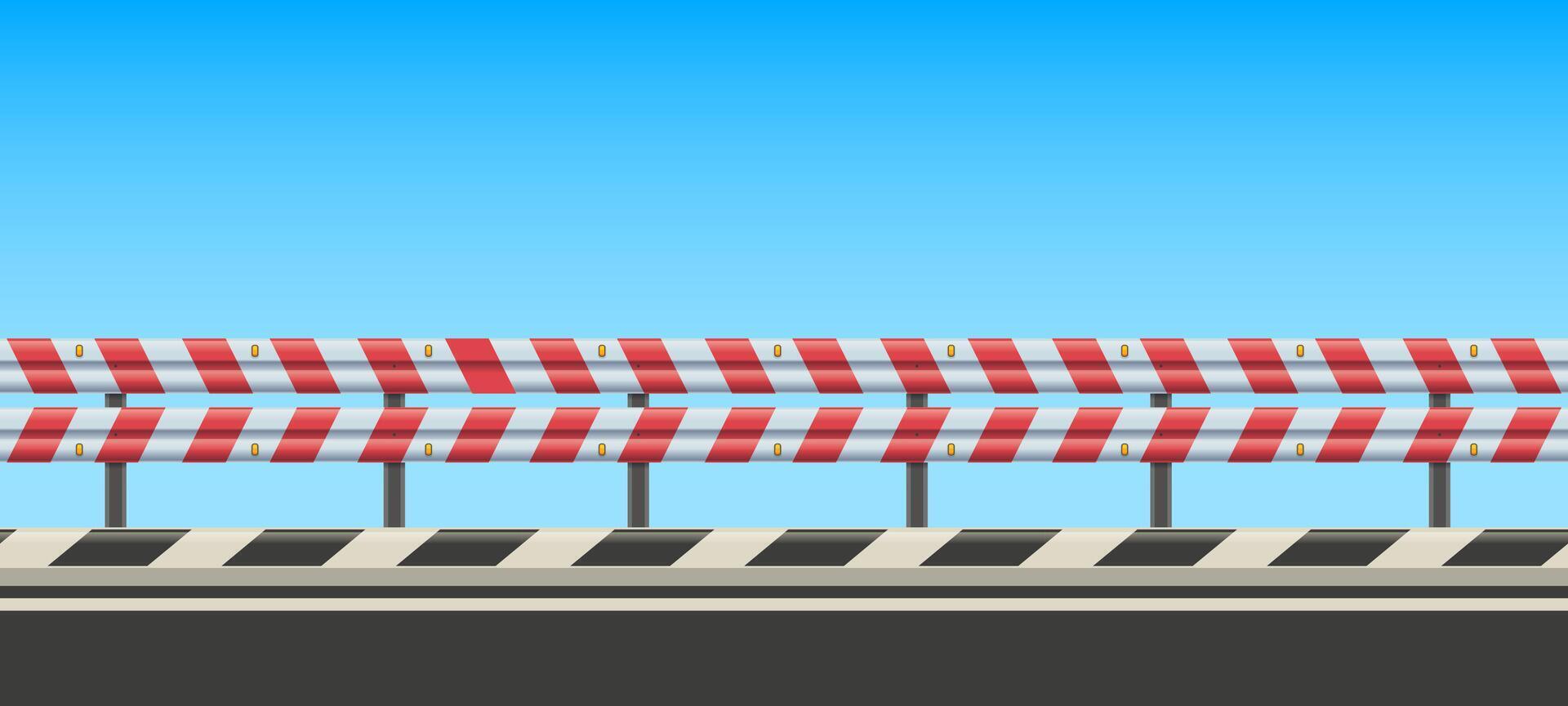 Roadside with guard rail. Highway side with safety roadguard fence, striped crash barrier and traffic protection background illustration vector