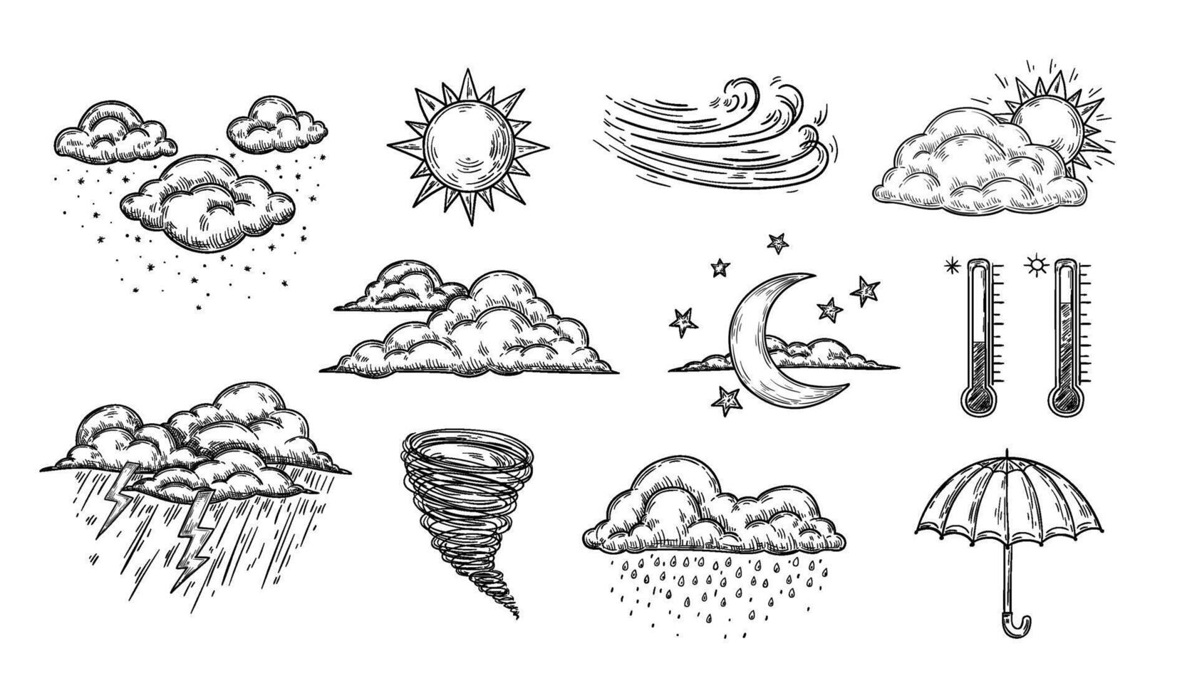 Sketch weather icons. Hand drawn rain, storm and snow. Clear sun and moon, tornado and hurricane wind, thermometer and retro umbrella set vector