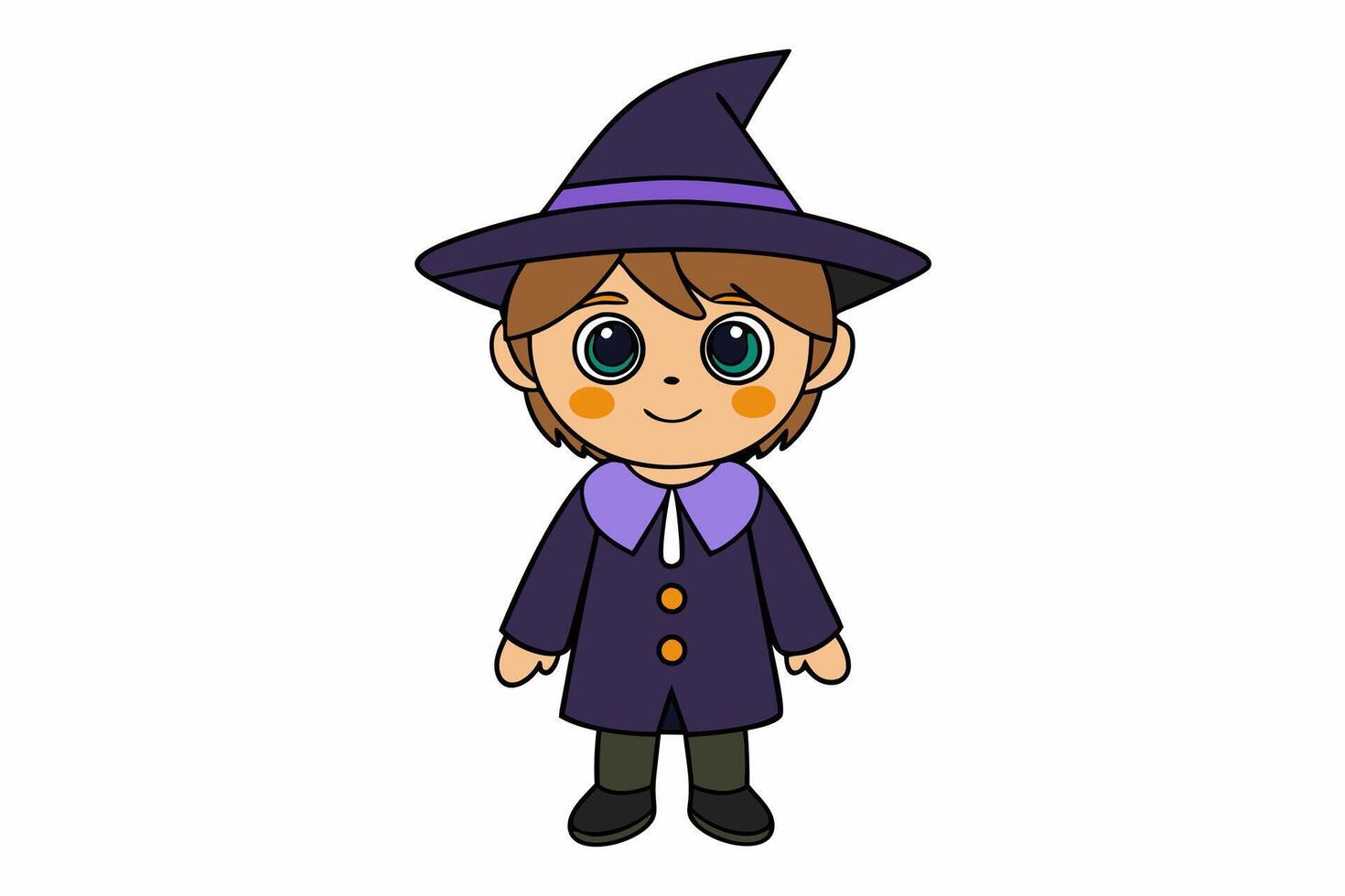 Charming illustration of a cute boy in a witch costume. Perfect for Halloween-themed projects and playful designs. Ideal for adding a whimsical touch to your creative work vector