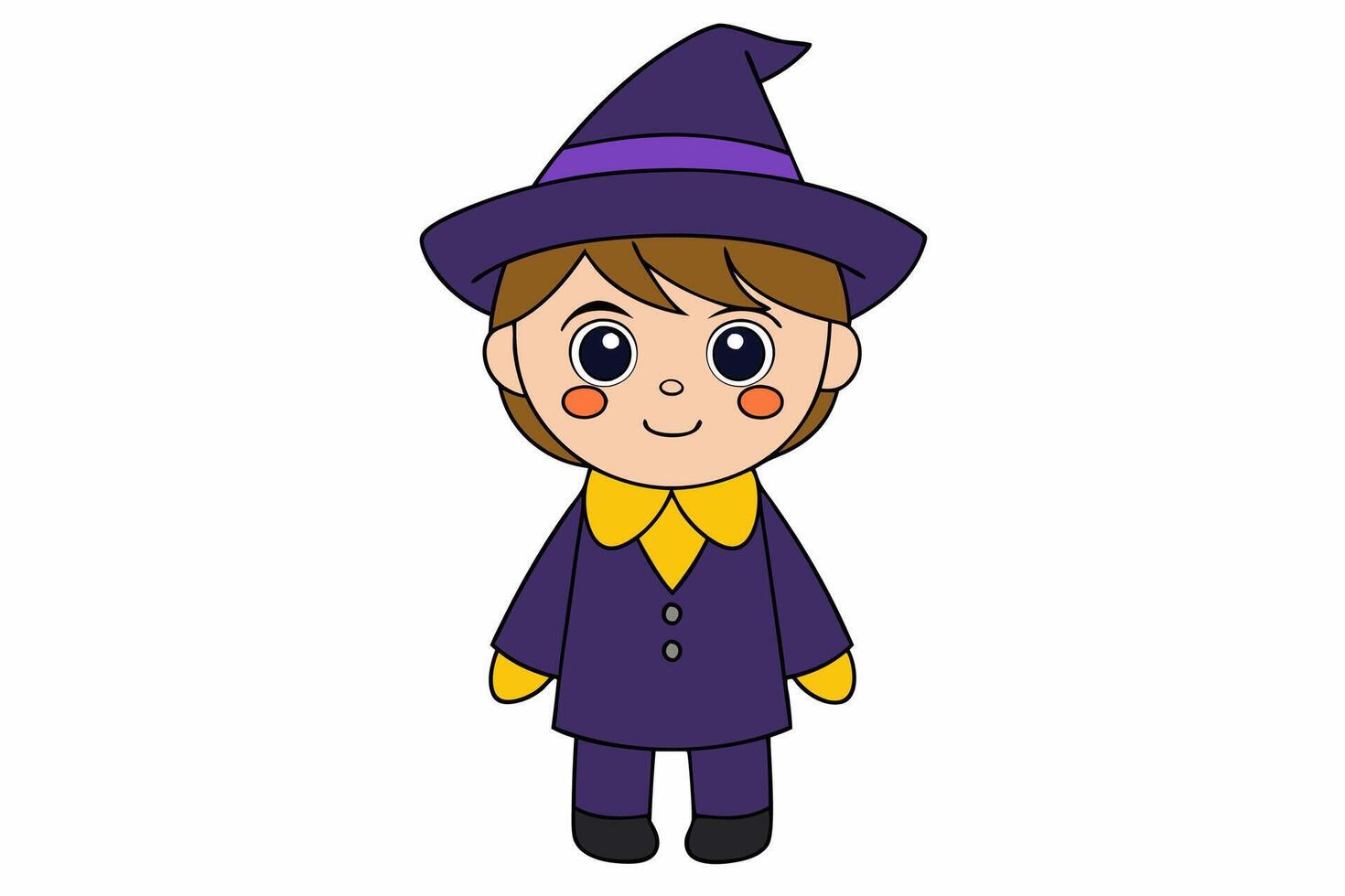 Charming illustration of a cute boy in a witch costume. Perfect for Halloween-themed projects and playful designs. Ideal for adding a whimsical touch to your creative work vector