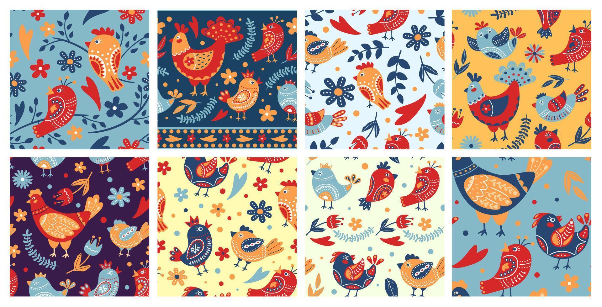 Folk birds patterns. Ethnic flowers ornament, colorful folklore bird and floral branch seamless background set vector