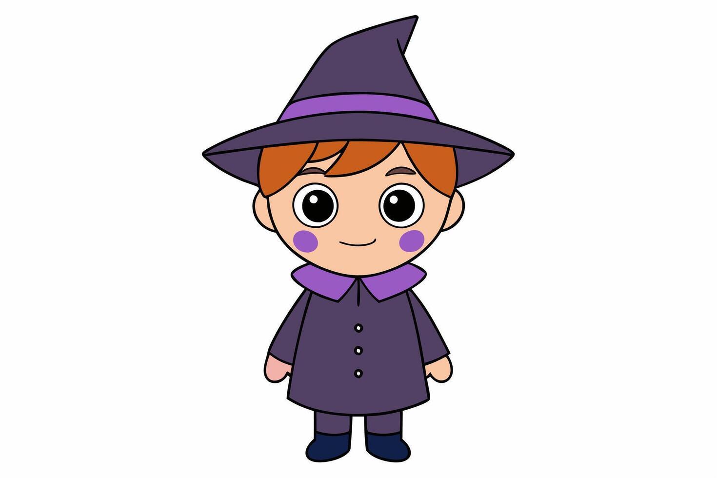 Charming illustration of a cute boy in a witch costume. Perfect for Halloween-themed projects and playful designs. Ideal for adding a whimsical touch to your creative work vector