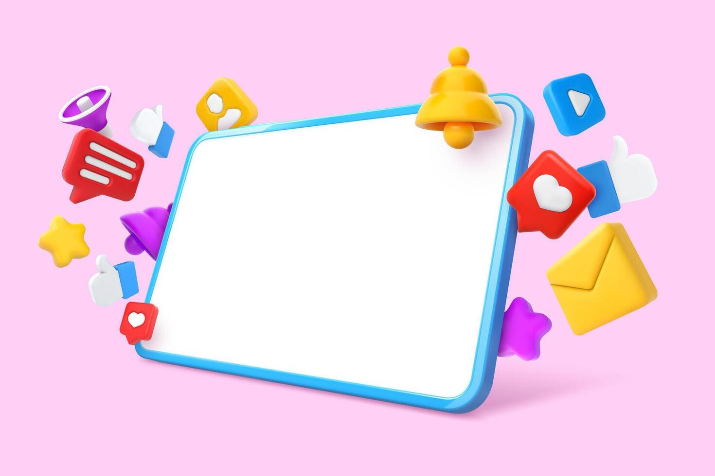 Social media tablet screen mockup. 3D internet communication icons, seo and social network promotion Illustration template vector