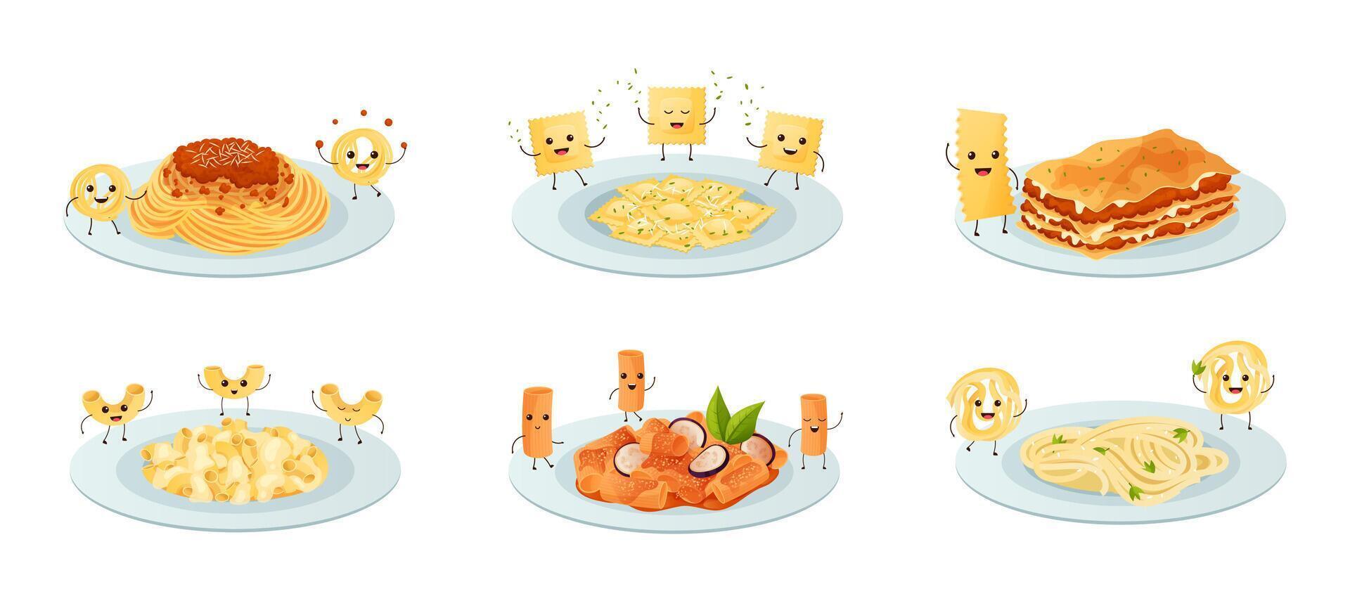 Funny pasta on plate. Happy smiling ravioli characters, lasagna on dish and funny noodle products Illustration set vector