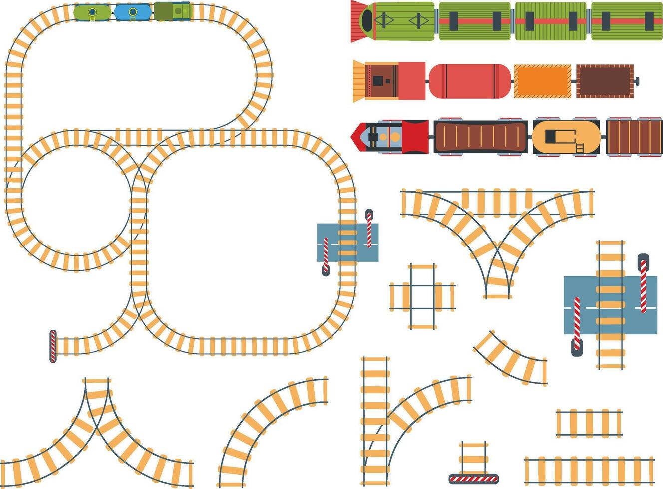Top view railways. Tracks construction with toy trains above. Circle and line rails with trains above, railway barrier aerial view set vector