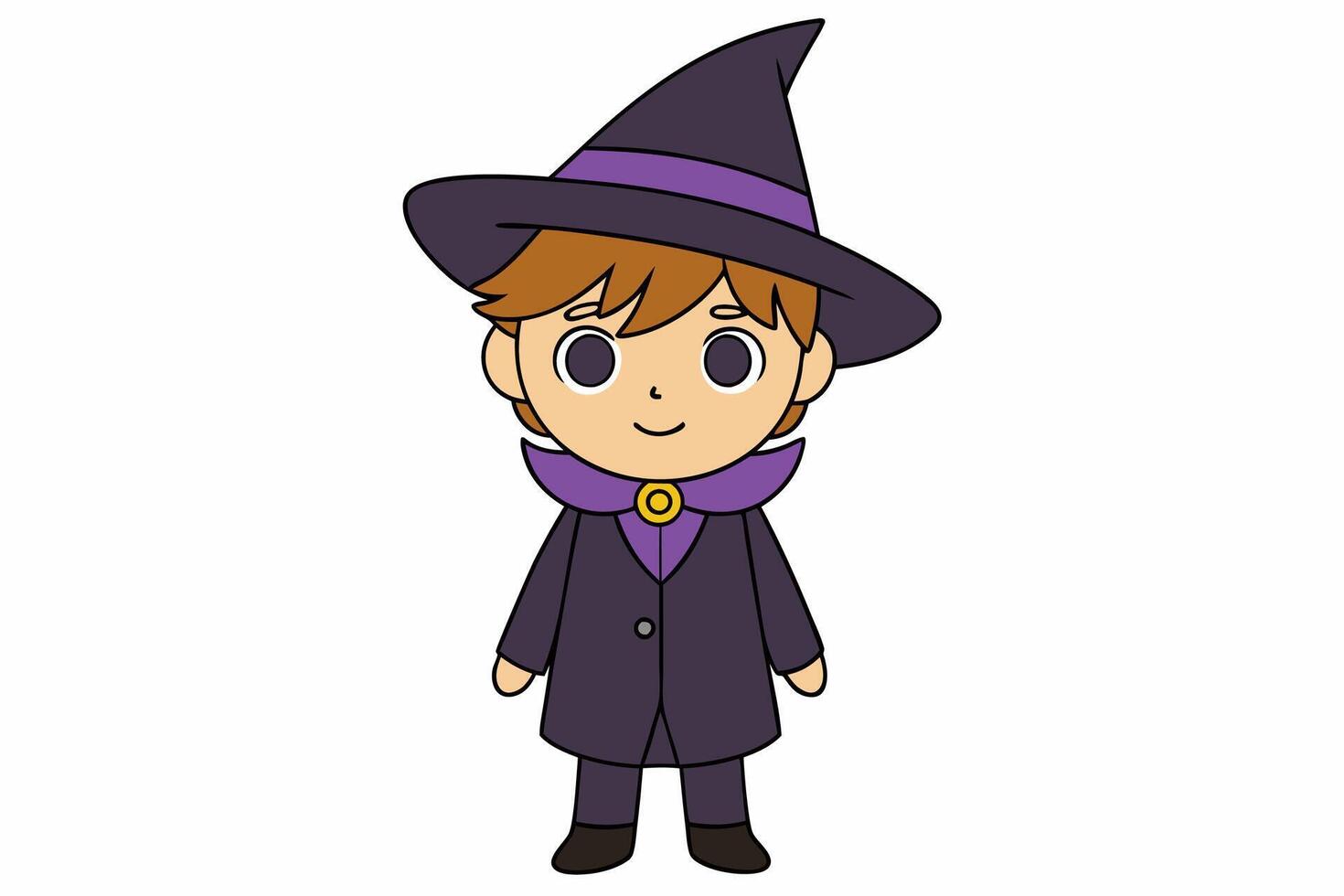 Charming illustration of a cute boy in a witch costume. Perfect for Halloween-themed projects and playful designs. Ideal for adding a whimsical touch to your creative work vector