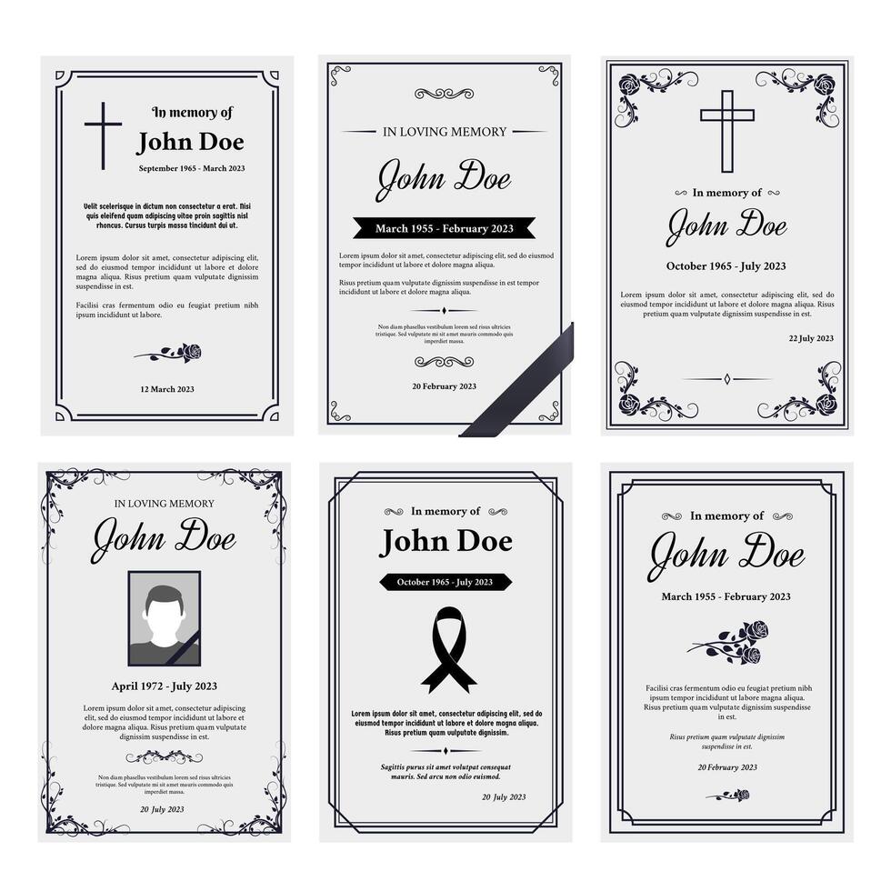 Condolence obituary card layout. In loving memory of, funerals invitation cover with black ribbon corner and grief sheet set vector