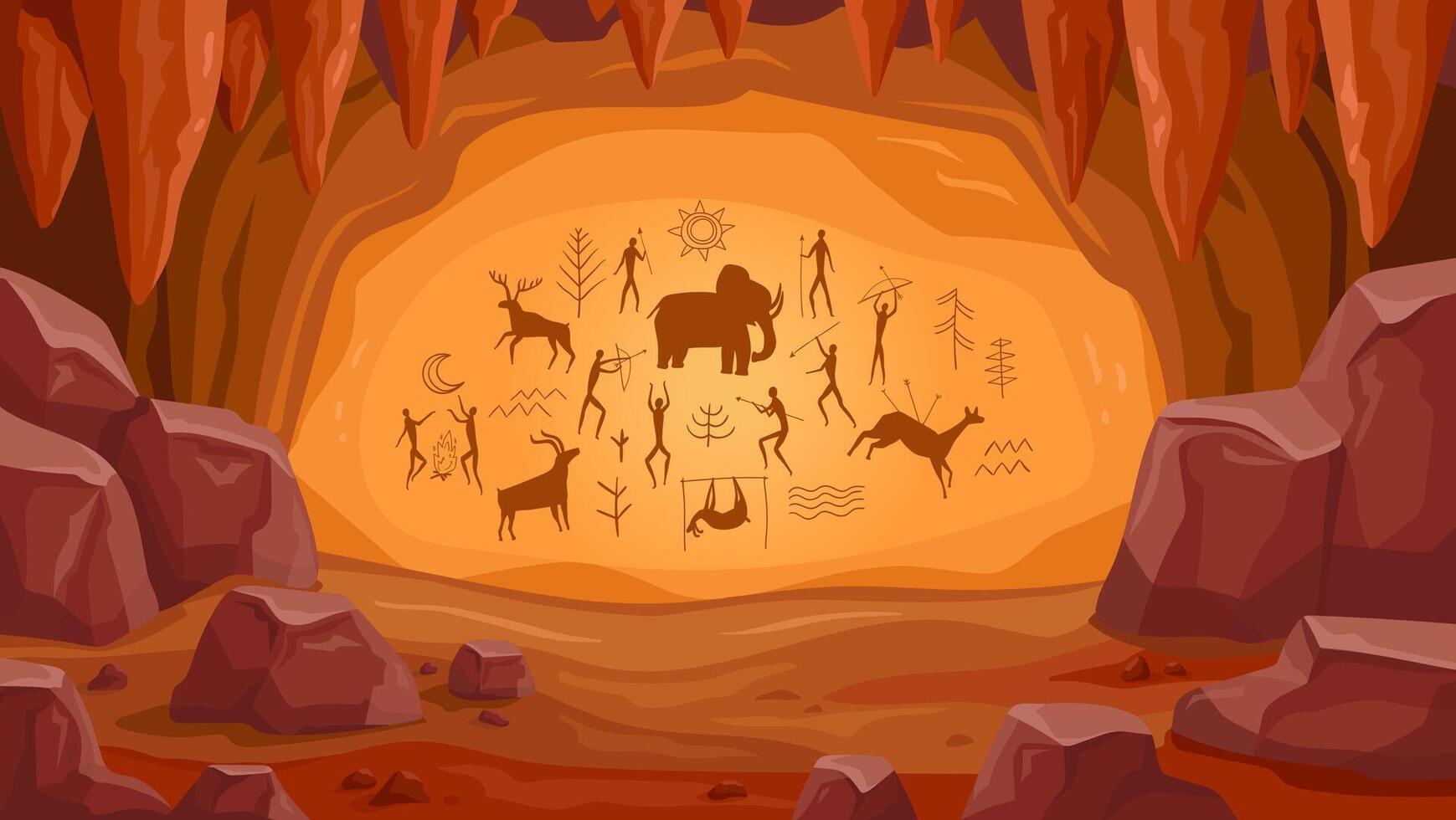 Prehistoric cave with paintings. Old cave drawings of primitive people, stone age art, ancient history and archeology Illustration vector