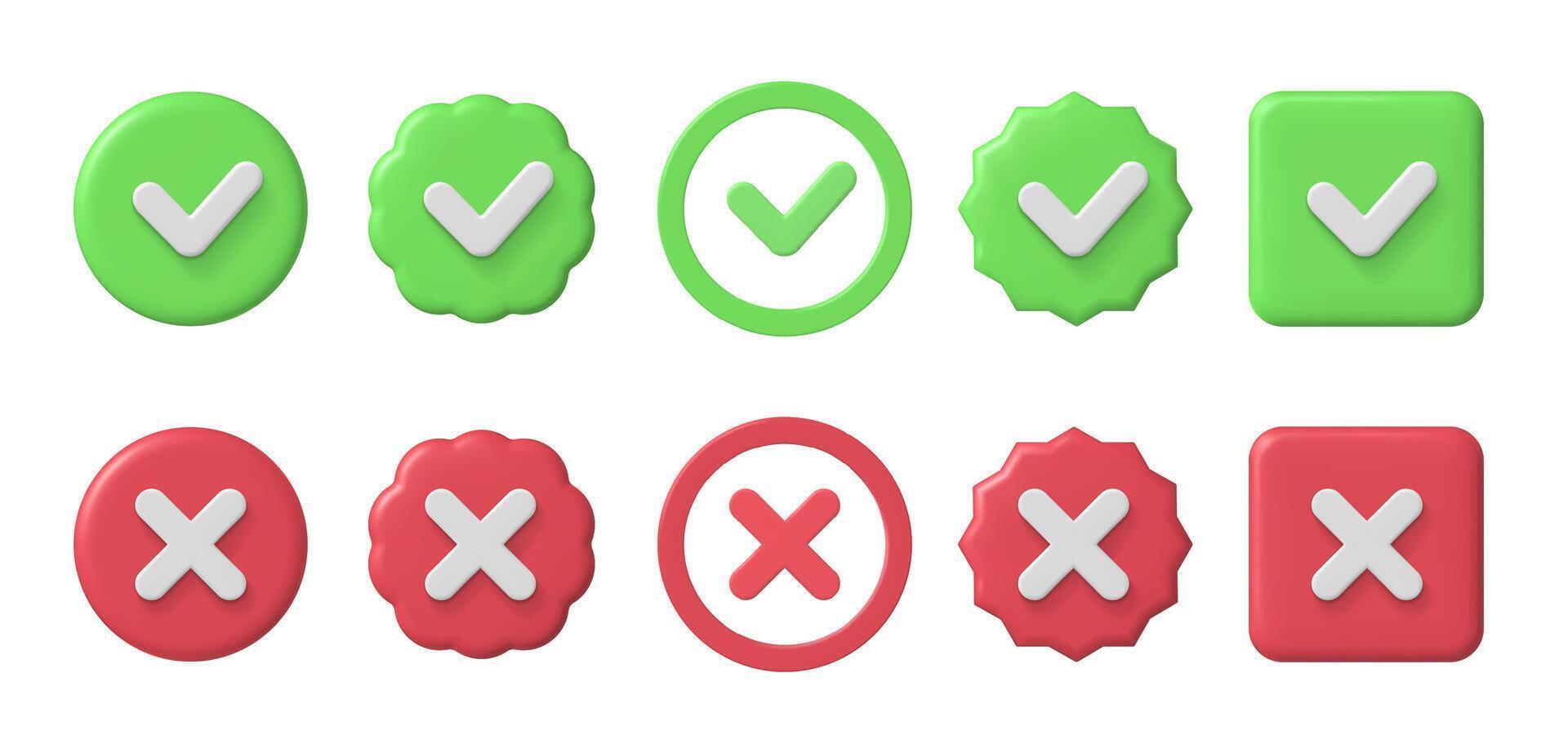 Checkmark 3d icons. Checklist green tick and red cross. Accepted and decline, true or false and verified sign set vector