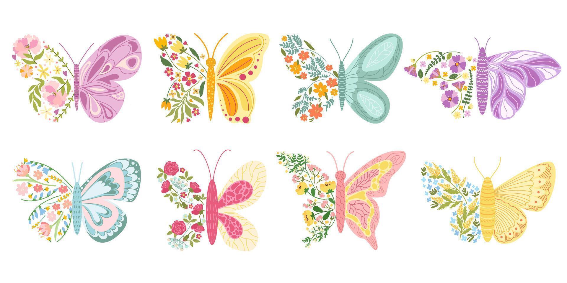 Floral butterflies. Summer butterfly with colorful flowers in wing shape, pretty insects Illustration set vector