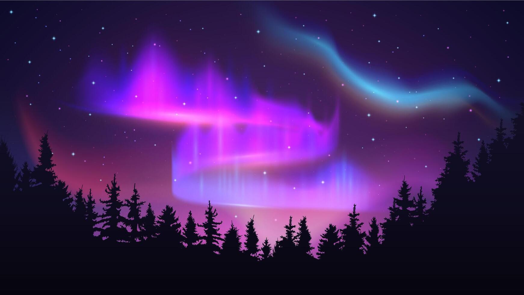 Night sky with polar lights. Aurora borealis, northern merry dancers and nature forest on north light background Illustration vector
