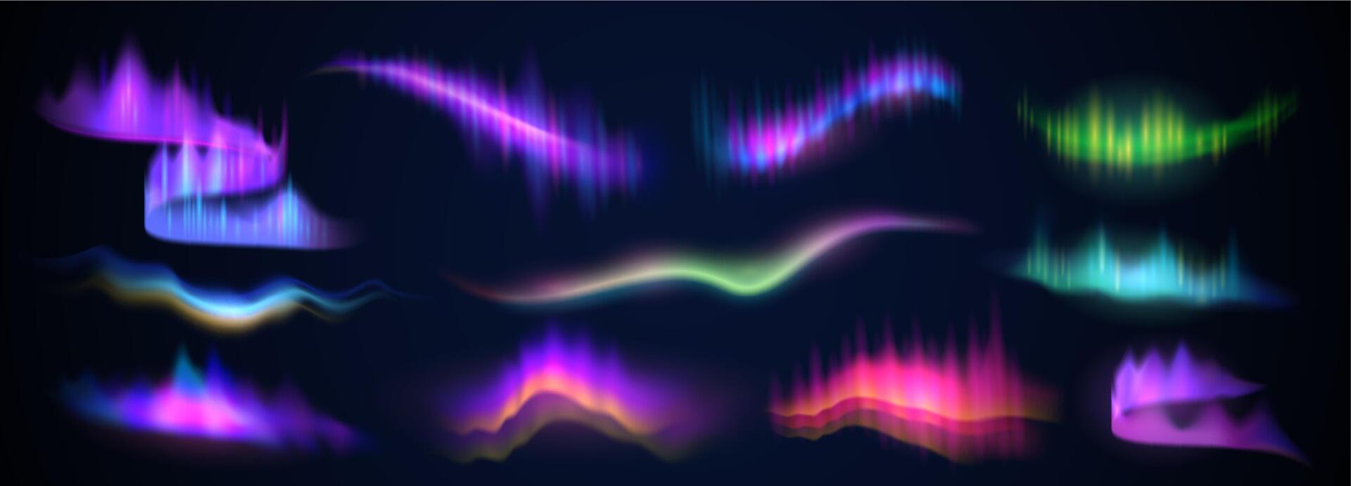 Colorful aurora borealis. Arctic sky polar lights, merry dancers and north light glow of space radiation overlay set vector