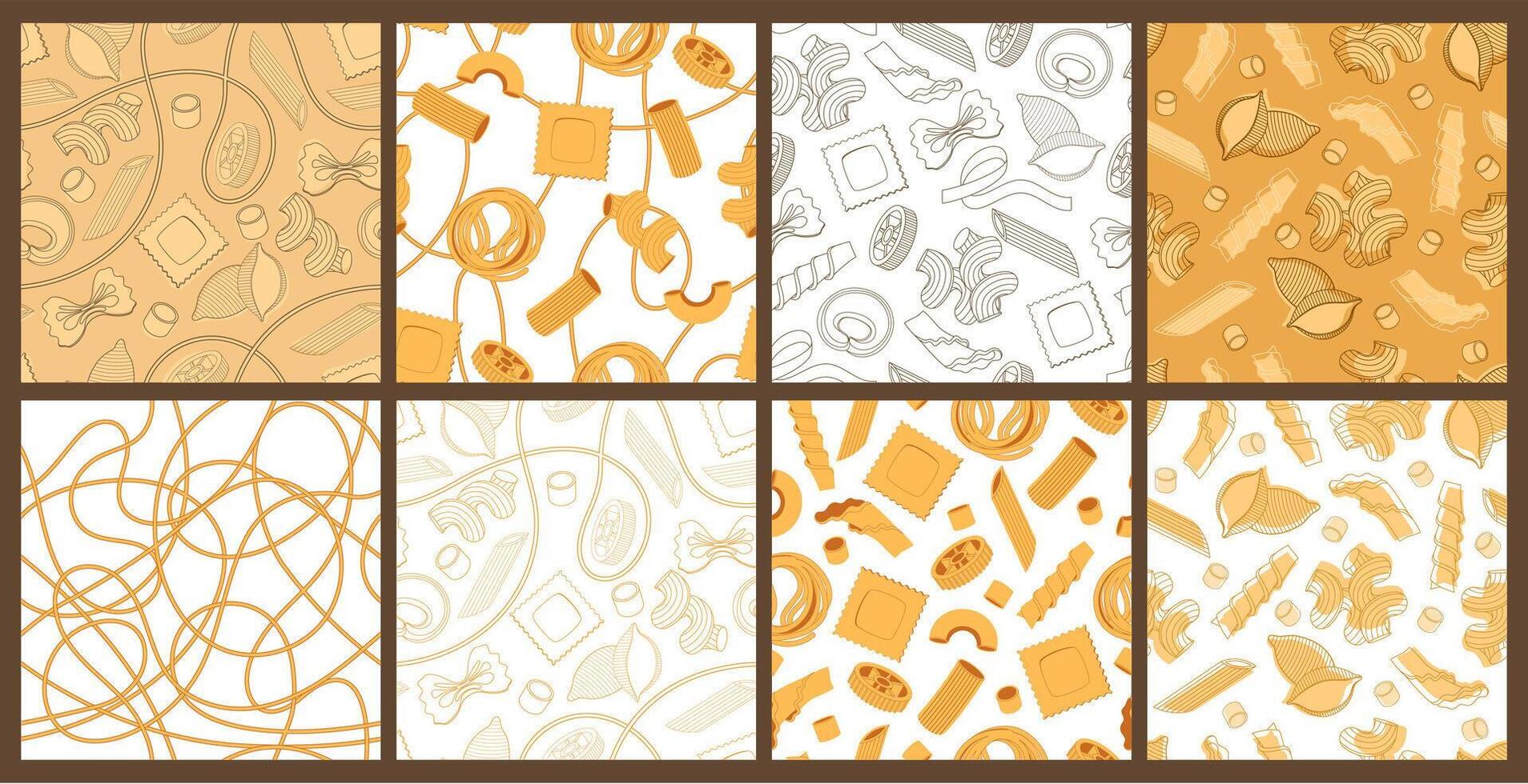 Italian pasta shapes patterns. Spaghetti, ravioli and farfalle backdrop. Macaroni, rotini and conchiglie seamless cooking backgrounds set vector