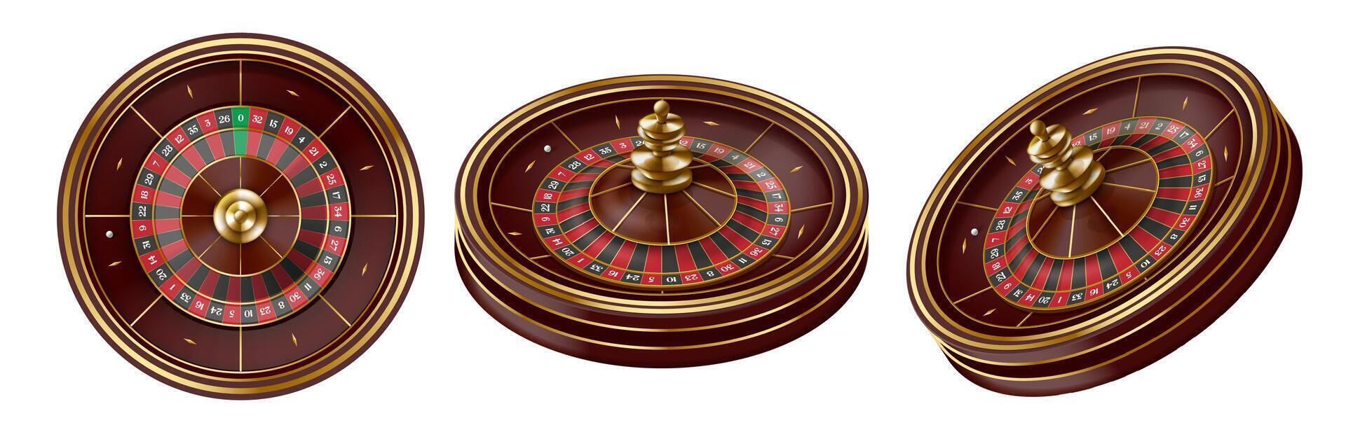 Roulette wheels. Casino entertainment 3d spin wheel, gambling equipment and fortune game Illustration set vector