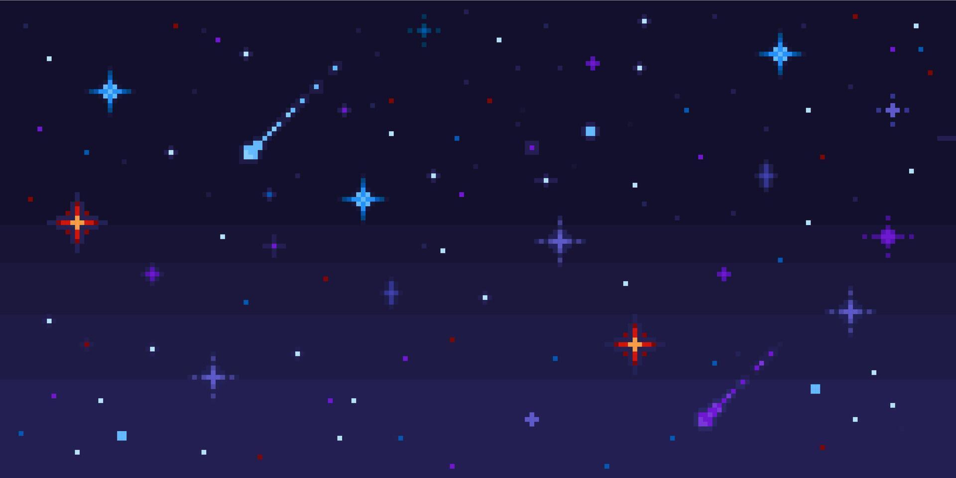 Pixel art night sky. Starry space with shooting stars, 8 bit pixelated game galaxy seamless background vector