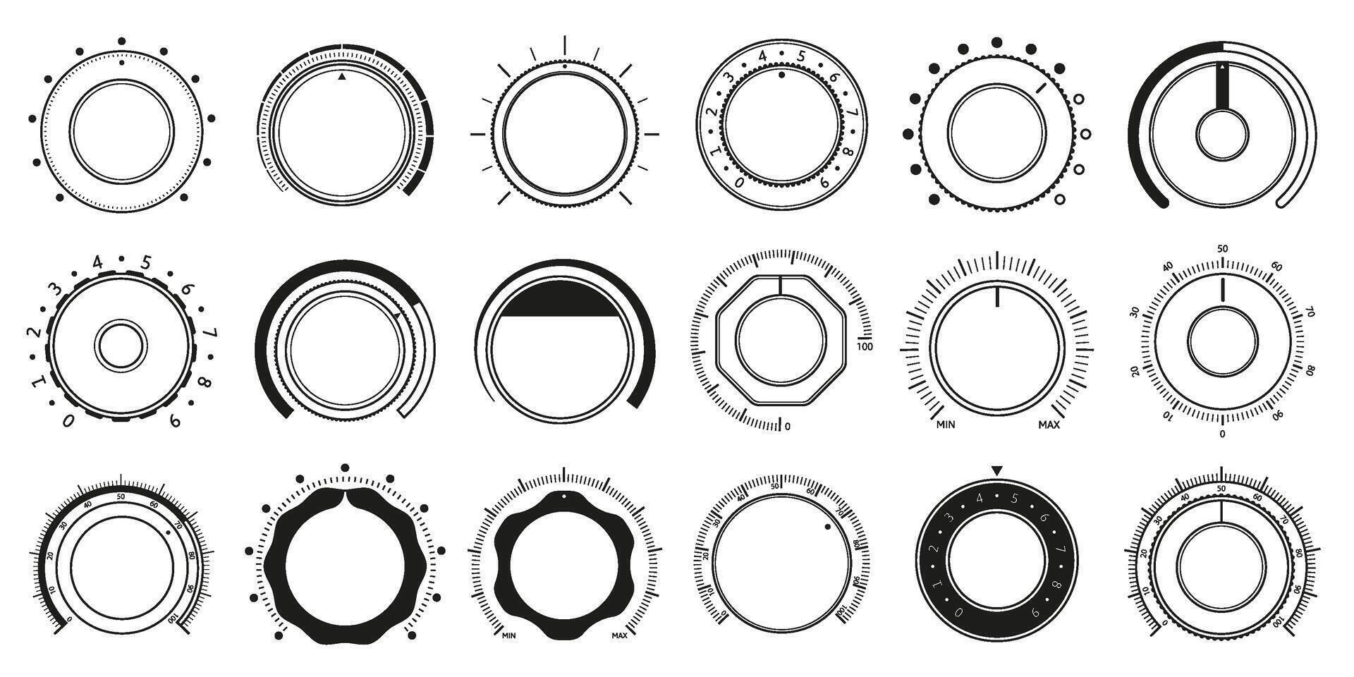 Volume adjustment dials. Round level knob, rotary control dial and sound controller interface circle switch set vector