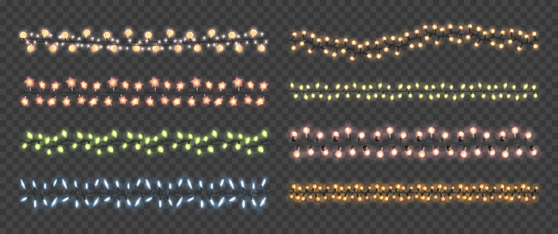 Yellow garlands. Christmas light bulbs, wire string lights and led garland with warm golden glow. Decorative lightings illustration set vector