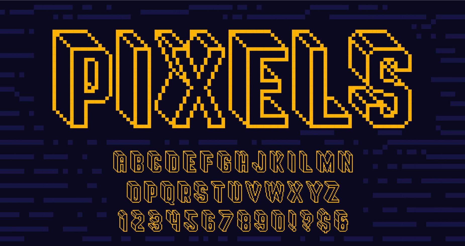 Futuristic wireframe pixel art font. Digital 8 bit alphabet, retro pixelated 3D letters and arcade game numbers set vector