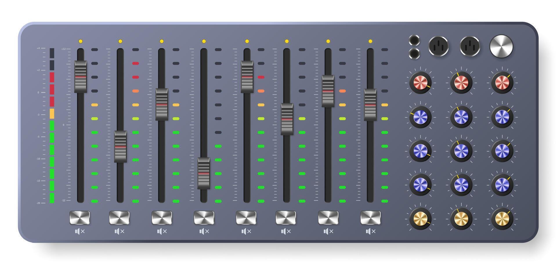 Audio mixer board. Multitrack mixing controller, sound level sliders panel with controllers and knobs illustration vector