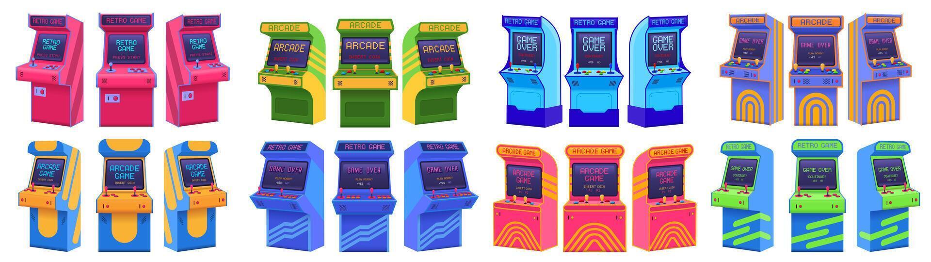 Arcade machines. Retro gaming cabinet, old game machine from different angles. Insert coin, game over and play again screens set vector