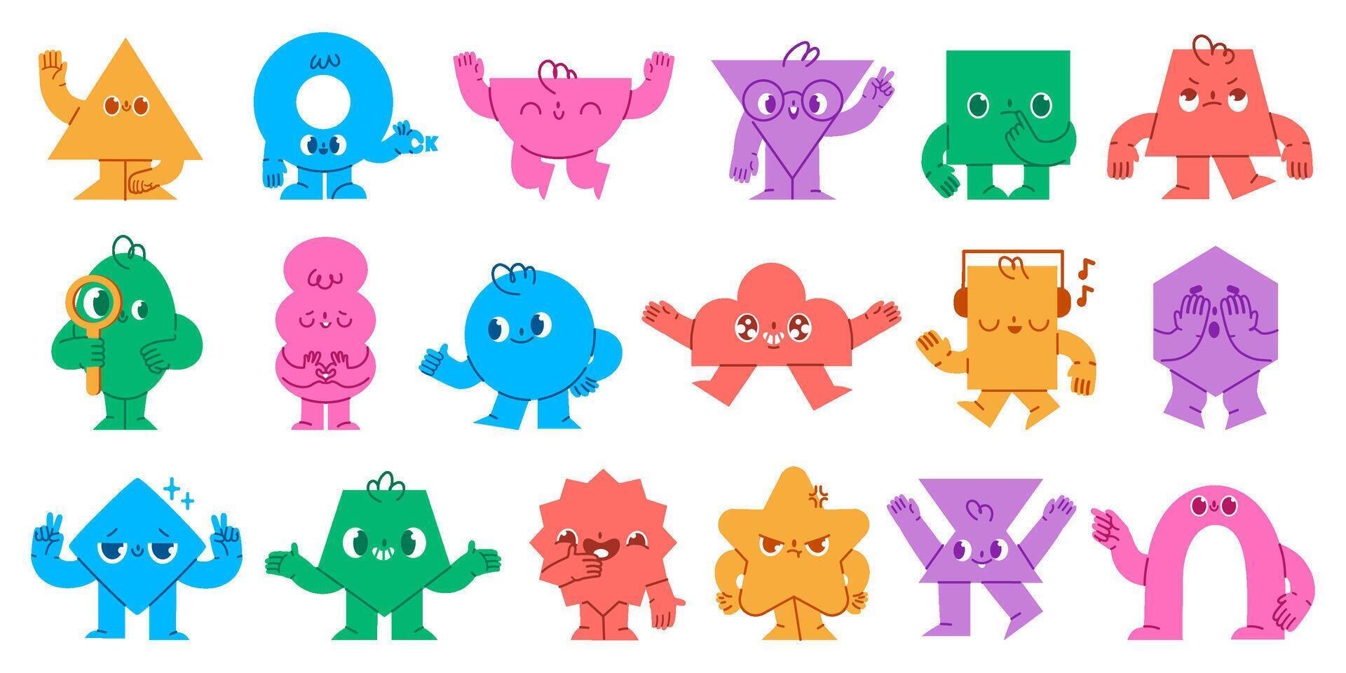 Abstract shapes characters. Geometric mascot faces with funny emotions, hands and legs. Cute circle, triangle and square shape objects set vector