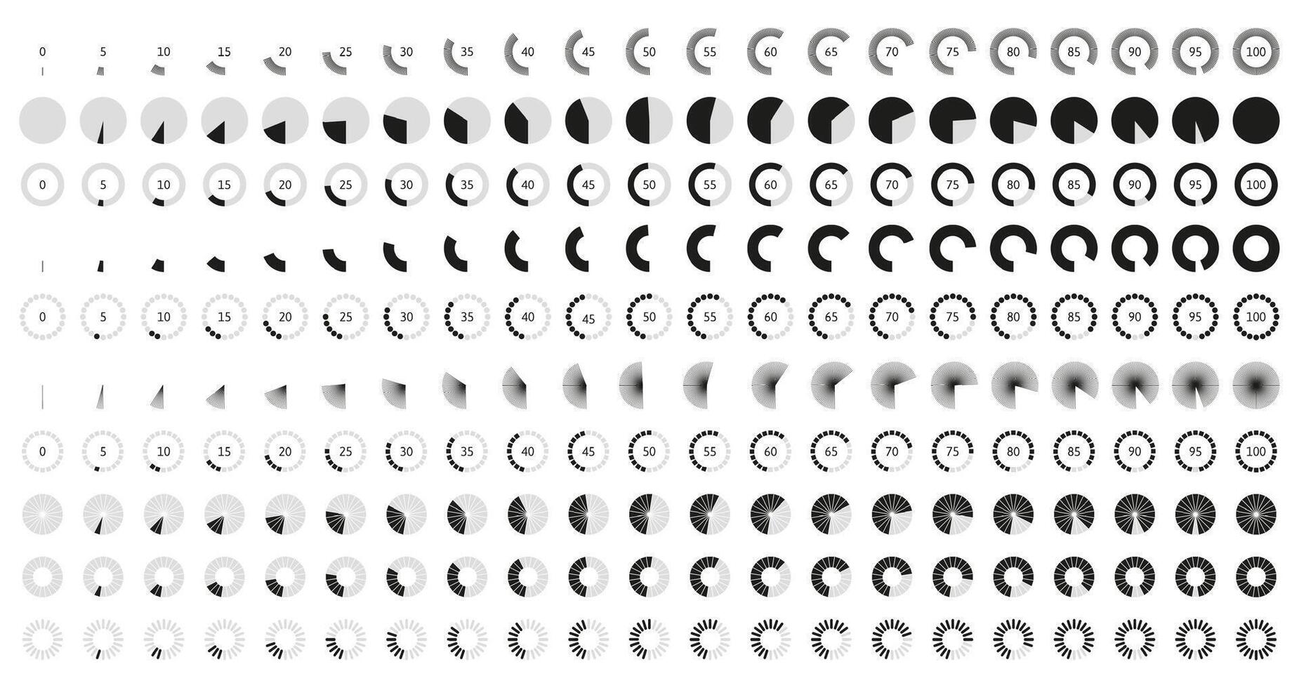 Volume level knob animation. Circle control bar, animated round loader and rotary knobs icon set vector