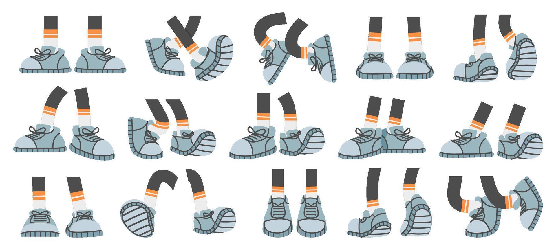 Cartoon foots with sneakers. Comic legs with shoes in walk, stand and jump poses. Stick feet with footwear, limbs for character design set vector